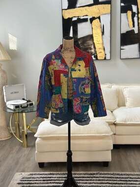 Vintage Chico's Silk Quilted Patchwork Jacket Colorful Oriental Print size 0